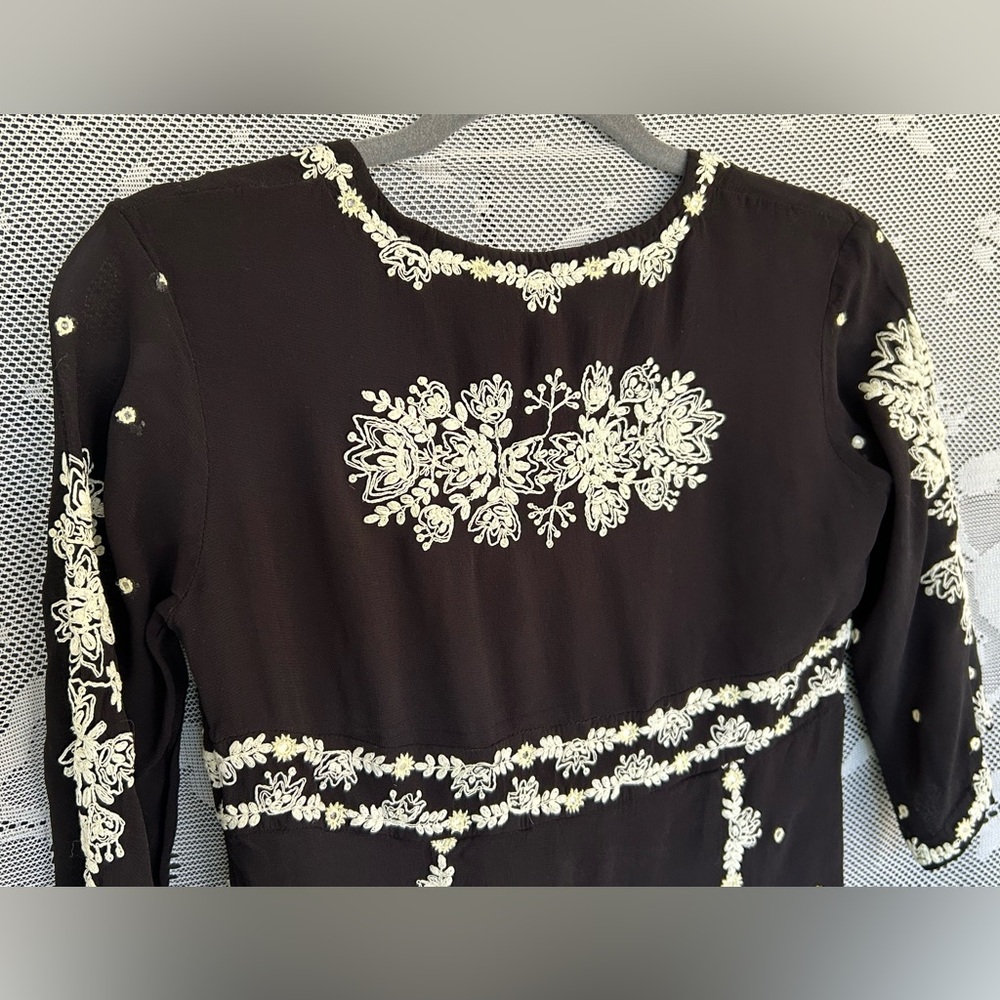 **VERB** Black/White Cocktail Mini Dress, 3/4” sleeve, Hand Embroidered - Picture 4 of 9